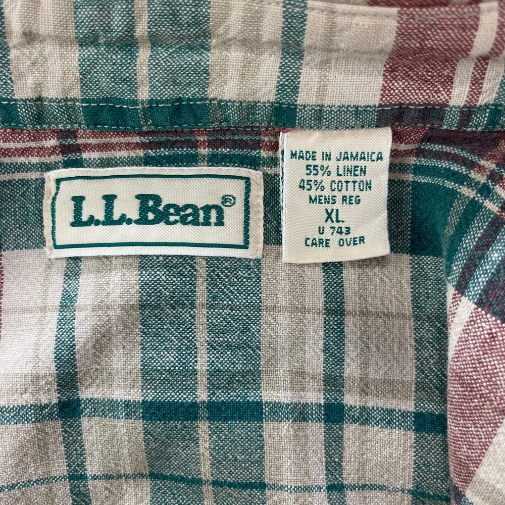 Vintage LL Bean Mens XL Linen Cotton Plaid Shirt Teal Burgundy Long Sleeve